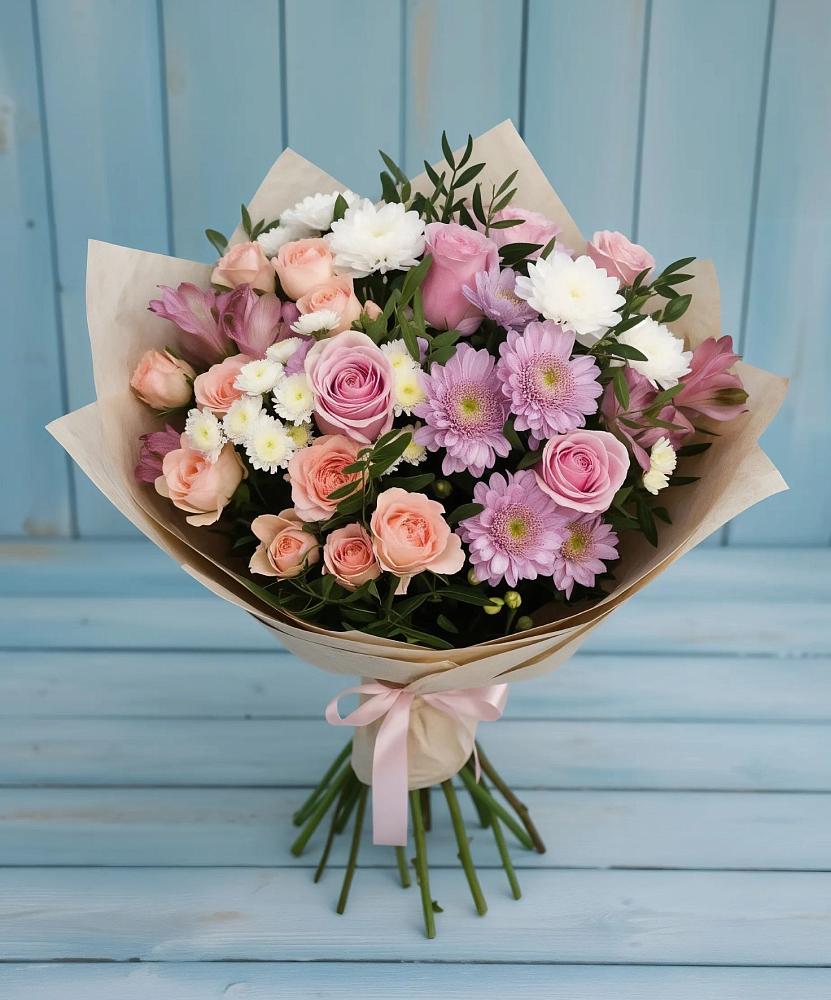 Букет цветов из: Хризантемы, Розы и Альстромерии в Аксай