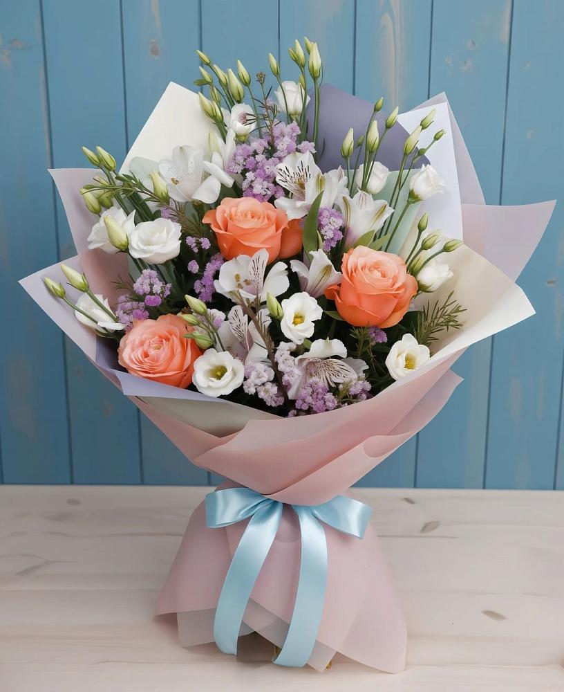 Букет цветов из: Лизиантусы, Розы, Альстромерии и Гипсофила в Аксай