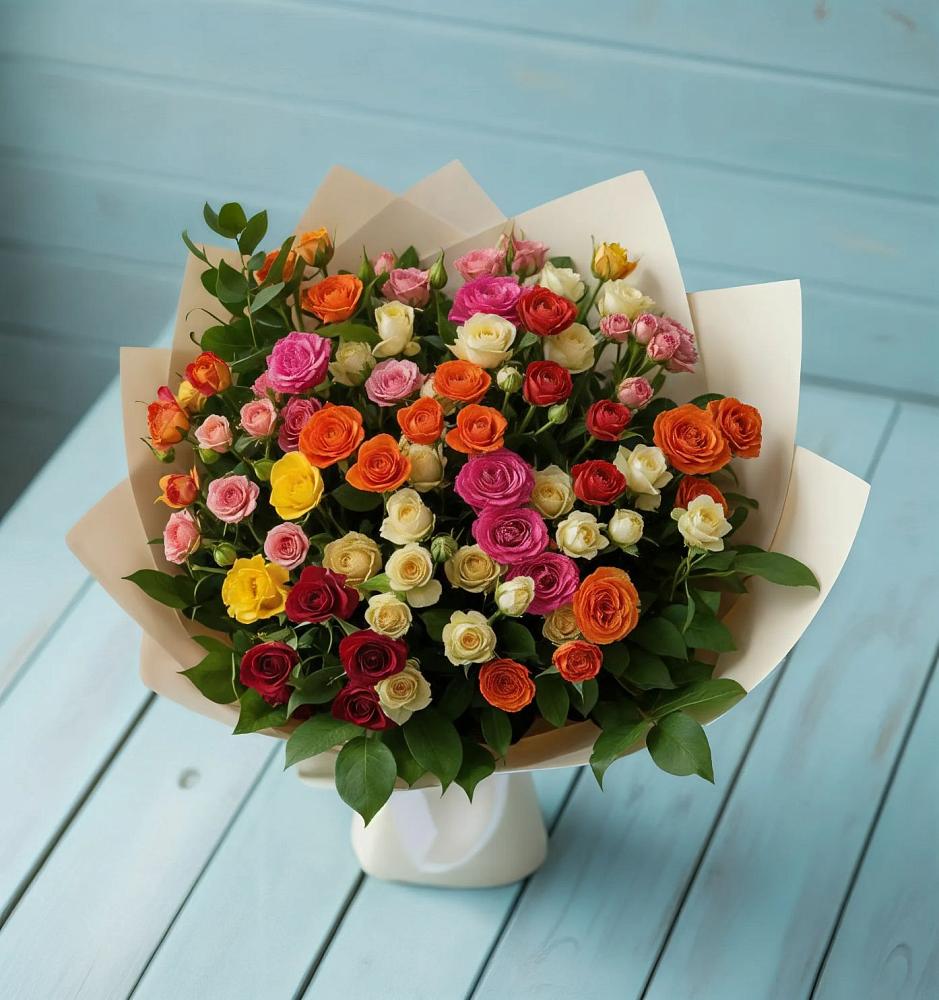 Букет Микс из разноцветных кустовых роз в Аксай
