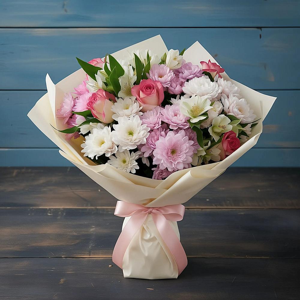 Букет цветов из: Хризантемы, Альстромерии и Розы в Аксай